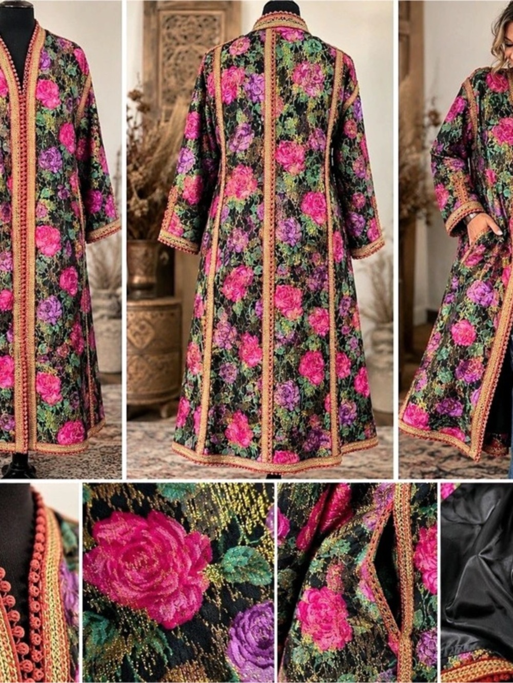 Heavyweight Floral Brocade Duster Coat | Metallic Gold | Ornate Frog Closures |
